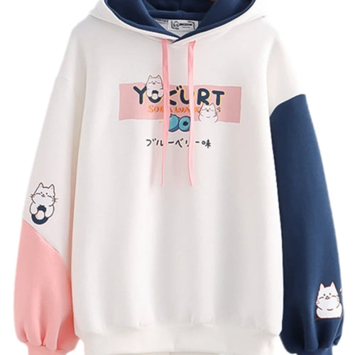 Load image into Gallery viewer, Kawaii Cat Print Women Hoodies Spring Long Sleeve Drawstring Cotton Hooded Sweatshirt Female Harajuku Cute Pullover Tops
