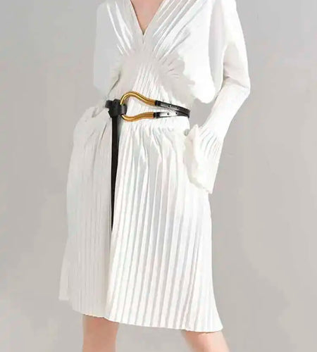 Women White Pleated Elegant Big Size Midi Shirt Dress New V-Neck Long Flare Sleeve Fashion Tide Spring Autumn 2025 1W3260