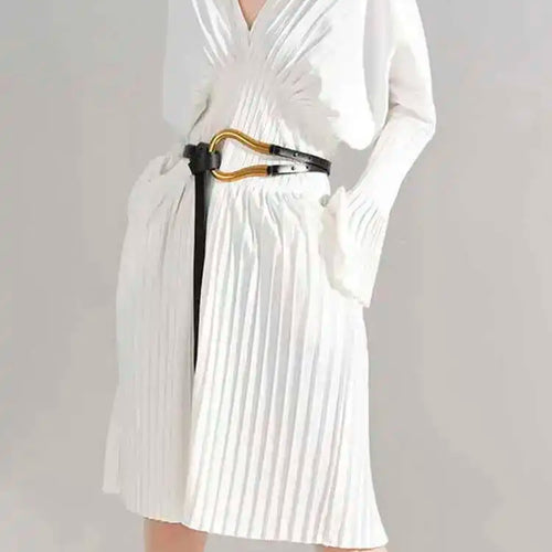 Load image into Gallery viewer, Women White Pleated Elegant Big Size Midi Shirt Dress New V-Neck Long Flare Sleeve Fashion Tide Spring Autumn 2025 1W3260
