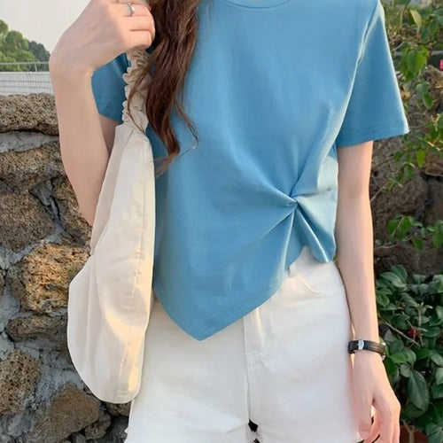 Load image into Gallery viewer, Y2K Irregular T-shirt Women Summer Skinny T Shirt Femme Solid Short Sleeve Korean Kpop Slim O-Neck Tshirt Woman Clothes Top
