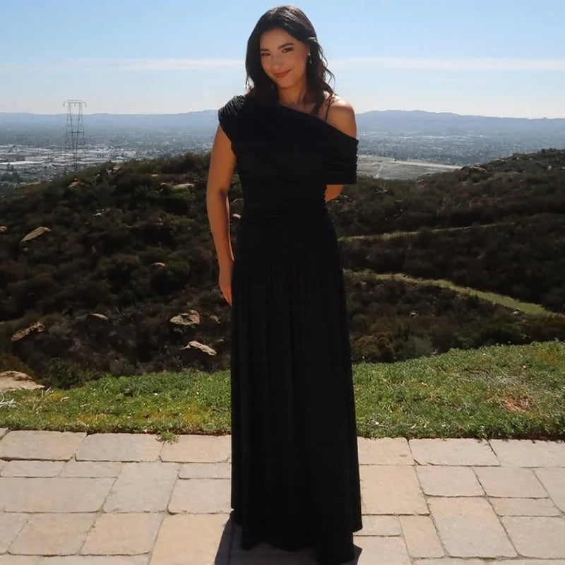 Incline Shoulder Backless Sexy Maxi Dress Women Summer New Fashion Sleeveless Pleated Ruched Club Party Long Dress