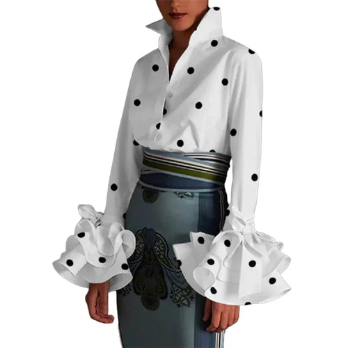 Load image into Gallery viewer, Women&#39;s Classic Polka Dot Blouse 2024 Autumn Flared Sleeves Falbala Lapel Spring Casual Office Shirts Tops For Ladies
