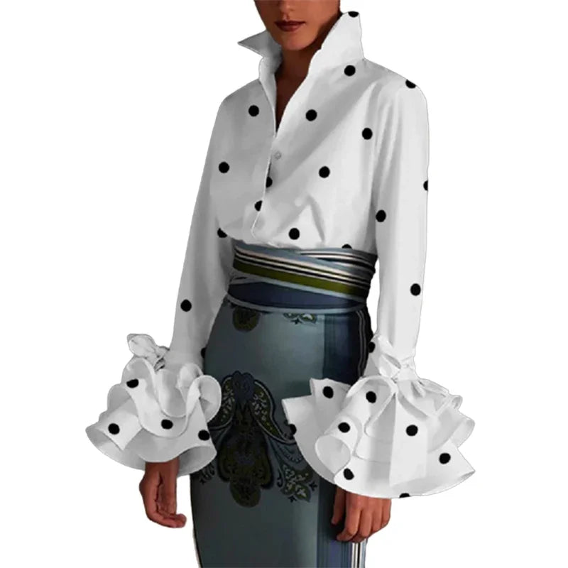 Women's Classic Polka Dot Blouse 2024 Autumn Flared Sleeves Falbala Lapel Spring Casual Office Shirts Tops For Ladies