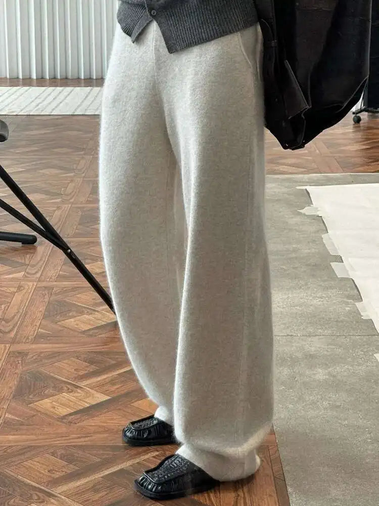 High Elastic Waist Beige 36% Wool Long Knitting Wide Leg Pants New Trousers Women Fashion Tide Autumn Winter 2025 1DH8230