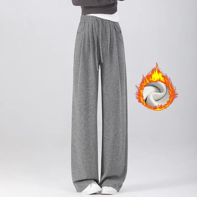 Winter Women Solid Velvet High Waist Drawstring Pant Korean Fashion Versatile Wide Leg Trousers Casual Thick New 2024 Trend Chic