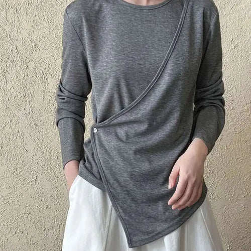 Load image into Gallery viewer, Women Gray Cross Irregular Hem Casual Slim T-shirt New Round Neck Long Sleeve Fashion Tide Spring Autumn 2025 1DJ0739
