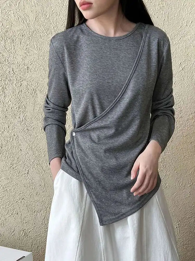 Women Gray Cross Irregular Hem Casual Slim T-shirt New Round Neck Long Sleeve Fashion Tide Spring Autumn 2025 1DJ0739