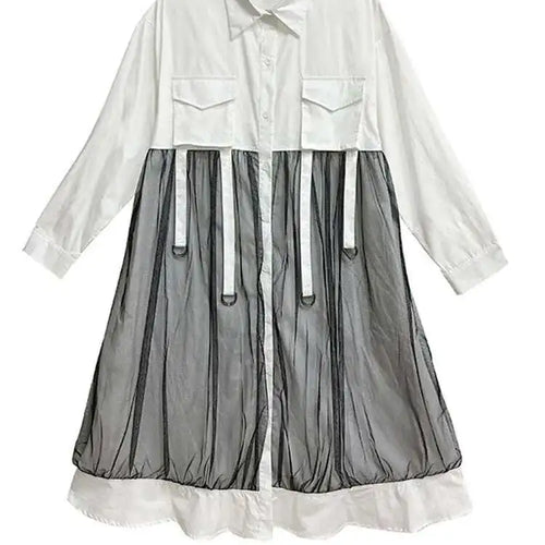 Load image into Gallery viewer, Women White Mesh Ribbons Pocket Big Size Midi Shirt Dress New Lapel Long Sleeve Fashion Tide Spring Autumn 2025 1DH8647
