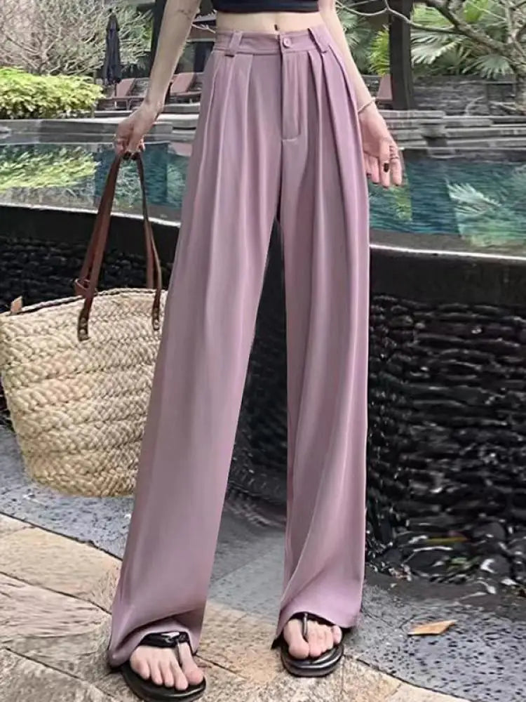 Fashion Solid Button Versatile Wide Leg Long Pant Women's Spring Summer High Waist Baggy straight Pleated Trousers Streetwear