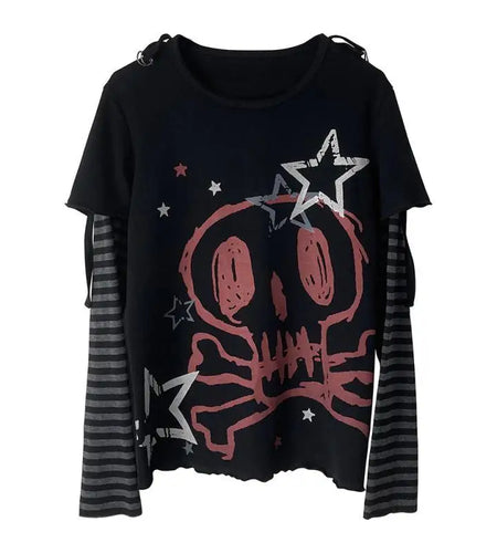 Oversized T Shirt Women's Clothing Chic Fake Two Tees 2024 Ropa Mujer Anime Punk Camisetas Skull Y2k Tops Casual Fashion T-shirt