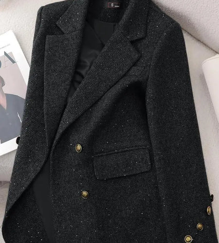 French Fashion Women Solid Long Sleeve Woolen Blazer Coat 2024 New Autumn Winter Ladies Elegant Double Breasted Jacket Versatile
