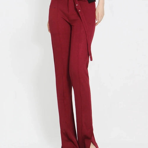Load image into Gallery viewer, Solid Spliced Belt Full Length Trousers For Women High Waist Patchwork Pockets Side Split Casual Flare Pants Female
