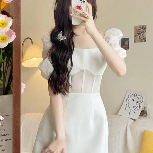 Load image into Gallery viewer, Sexy Lace Mesh White Dress Women Summer Elegant Evening Party Puff Sleeve Short Dresses Sundress Square Collar
