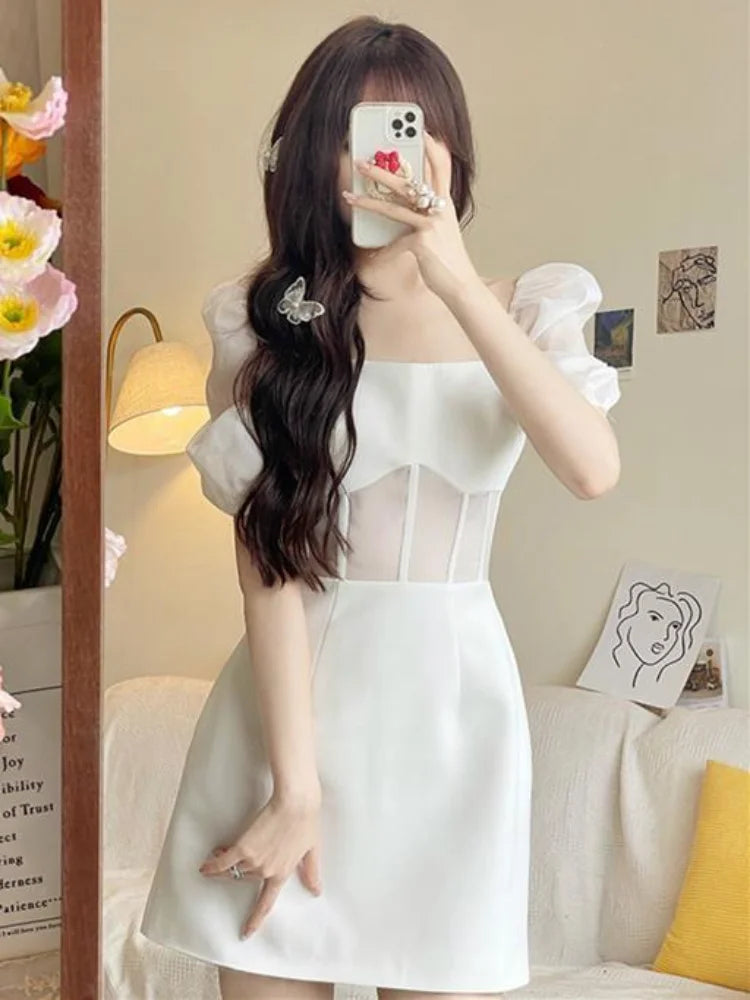 Sexy Lace Mesh White Dress Women Summer Elegant Evening Party Puff Sleeve Short Dresses Sundress Square Collar