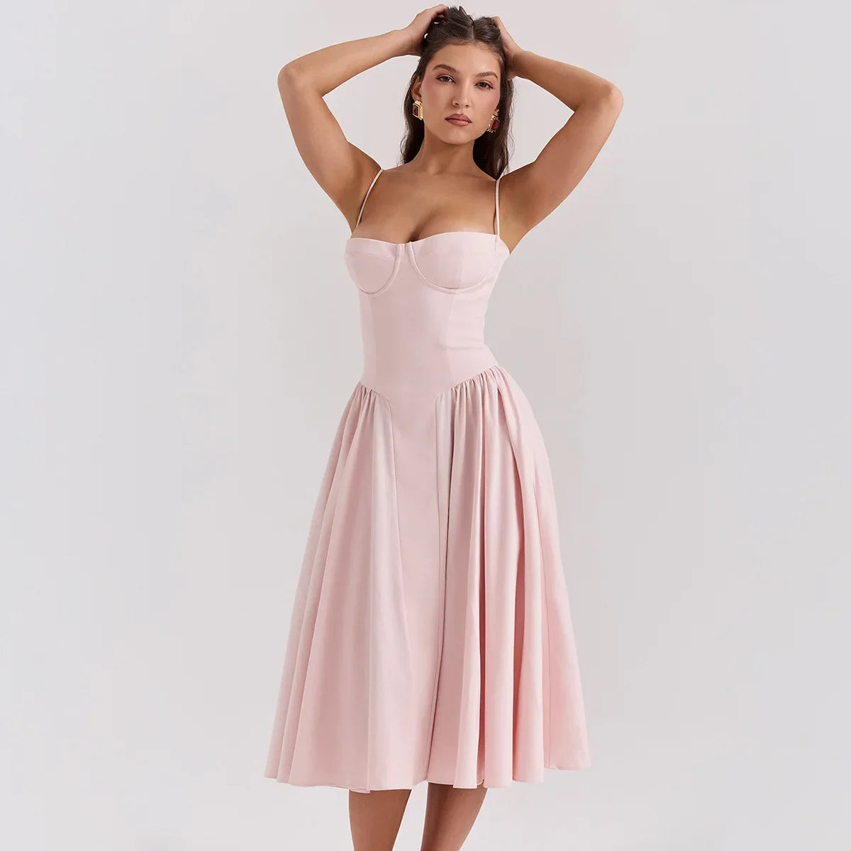 Pink Summer Dress 2024 New Arrivals Spaghetti Strap Elegant Midi Dress Fit and Flare Dress Sexy Women's Clothing