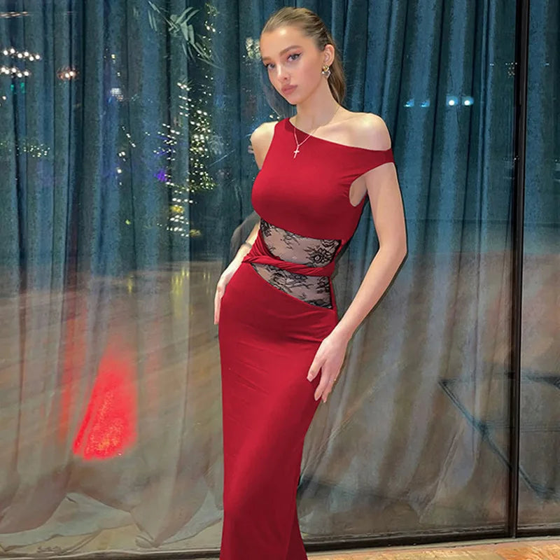 Sheer Lace Sleeveless Sexy Maxi Dress For Women Gown Summer Patchwork Fashion O Neck Bodycon Long Tank Dress Vestido