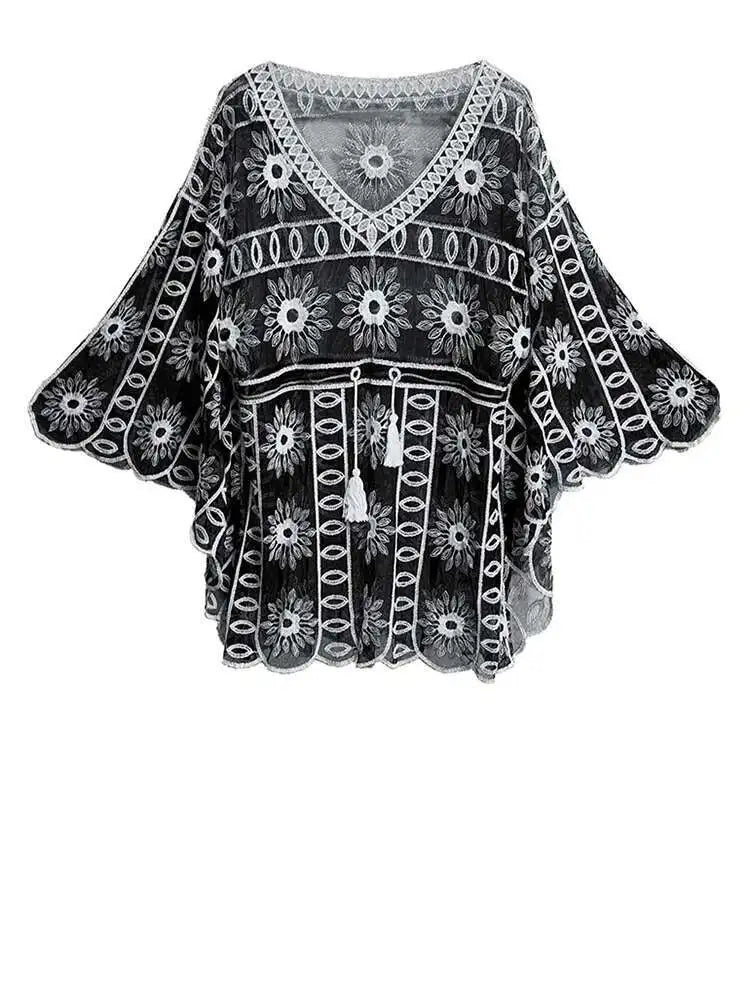 Women Black Lace Hollow Out Big Size Blouse New V-Neck Long Batwing Sleeve Shirt Fashion Tide Spring Autumn 2025  1DJ0786