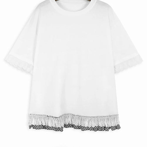 Load image into Gallery viewer, Women Black White Lace Color-block Big Size T-shirt New Round Neck Half Sleeve Fashion Tide Spring Summer 2025 1DH9816
