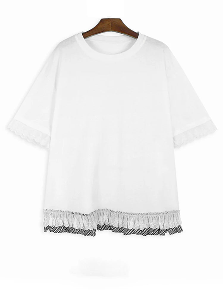 Women Black White Lace Color-block Big Size T-shirt New Round Neck Half Sleeve Fashion Tide Spring Summer 2025 1DH9816