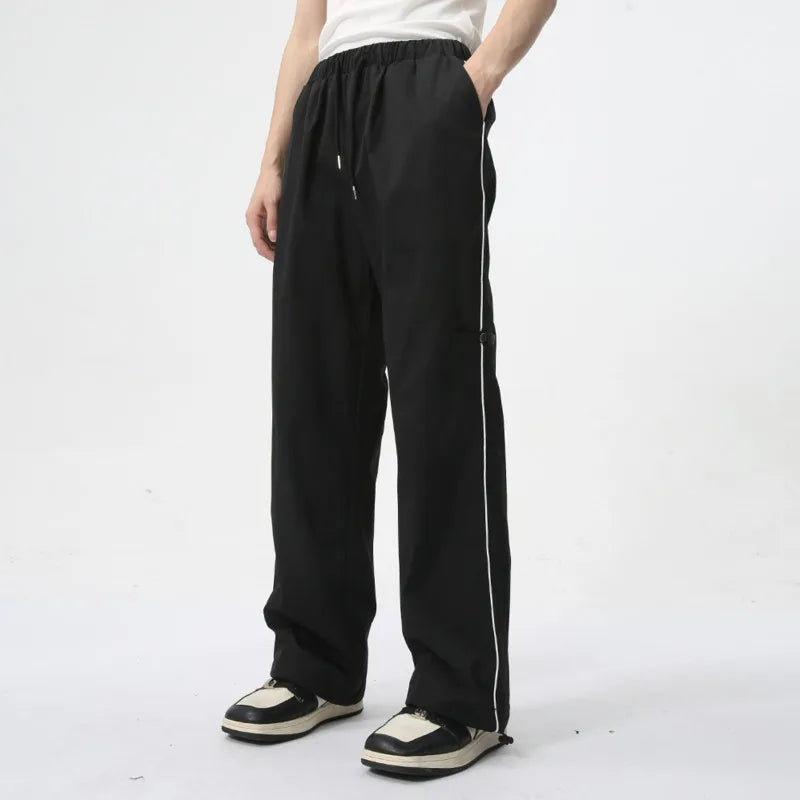 American Style Loose Men's Sports Pants Causal Lace-up Wide Leg Male Side Striped Trousers Simple Summer 9C6154