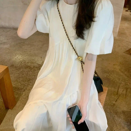 Load image into Gallery viewer, Elegant Office Lady Midi Dress New Summer French O-necked Short Sleeve White Dress Women Loose Solid Color Dresses Female
