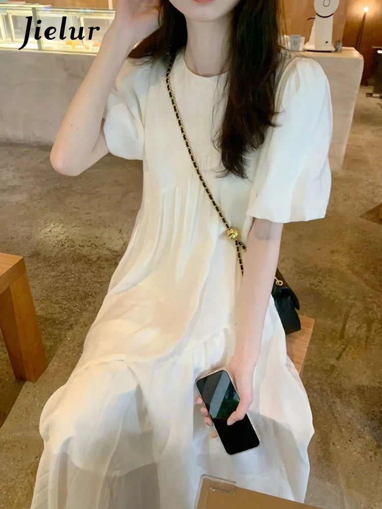 Elegant Office Lady Midi Dress New Summer French O-necked Short Sleeve White Dress Women Loose Solid Color Dresses Female