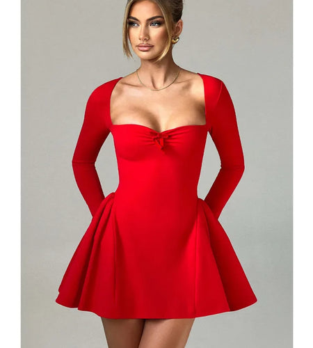 Elegant Long Sleeved High Stretch Tight Dress Women Sexy Square Neck Lace Up Vestido Bodycon Party Club Evening Dress