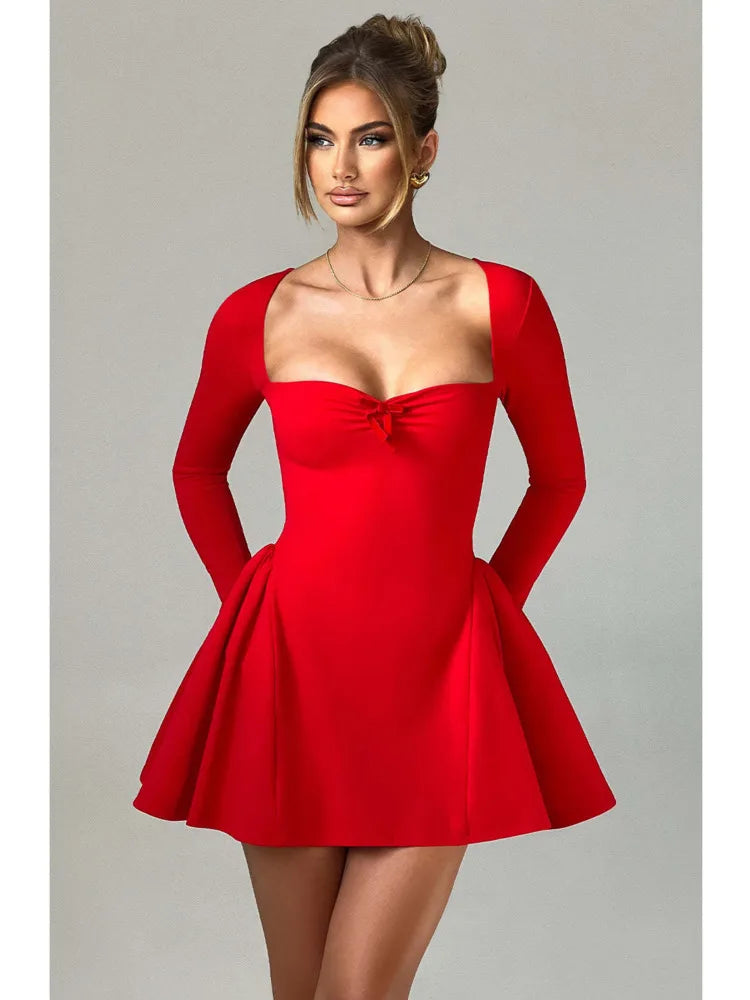 Elegant Long Sleeved High Stretch Tight Dress Women Sexy Square Neck Lace Up Vestido Bodycon Party Club Evening Dress