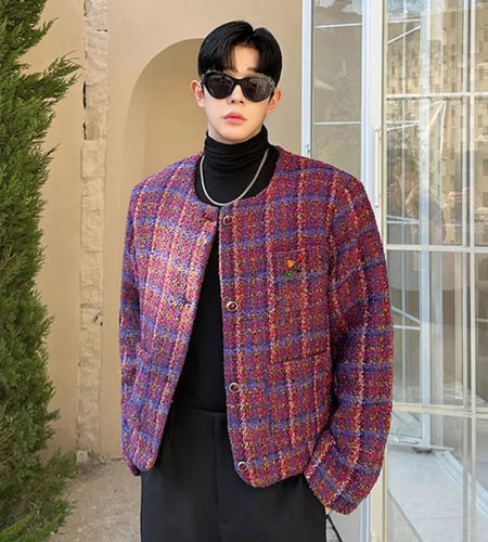 Niche Design Men's Tweed Jackets Casual Round Collar Metal Heart Decoration Single Breasted Loose Male Coats Winter 9C8837