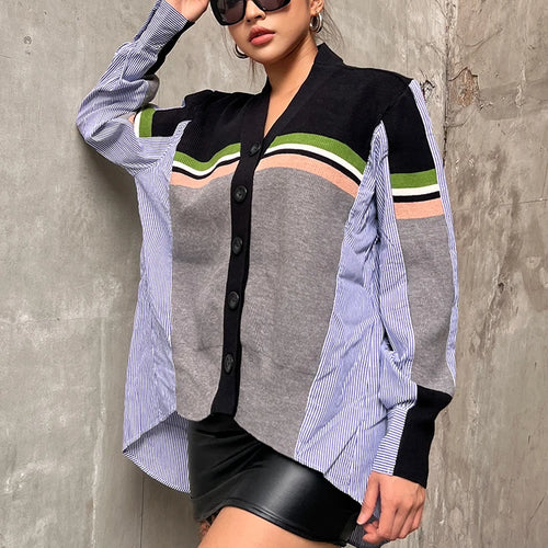 Load image into Gallery viewer, Loose Shirt For Women V Neck Long Sleeve Patchwork Striped Colorblock Casual Blouses Female Clothes Autumn
