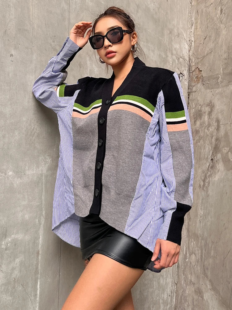 Loose Shirt For Women V Neck Long Sleeve Patchwork Striped Colorblock Casual Blouses Female Clothes Autumn