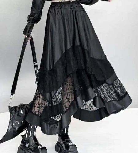 High Elastic Waist Black Pu Leather Lace Hem Casual Half-body Skirt Women Fashion Tide New Spring Autumn 2025 1DH7283