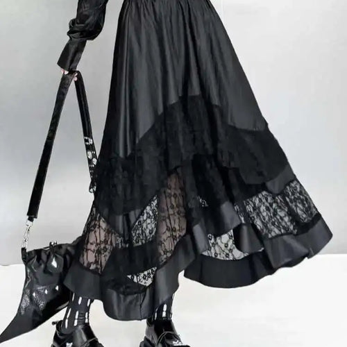 Load image into Gallery viewer, High Elastic Waist Black Pu Leather Lace Hem Casual Half-body Skirt Women Fashion Tide New Spring Autumn 2025 1DH7283
