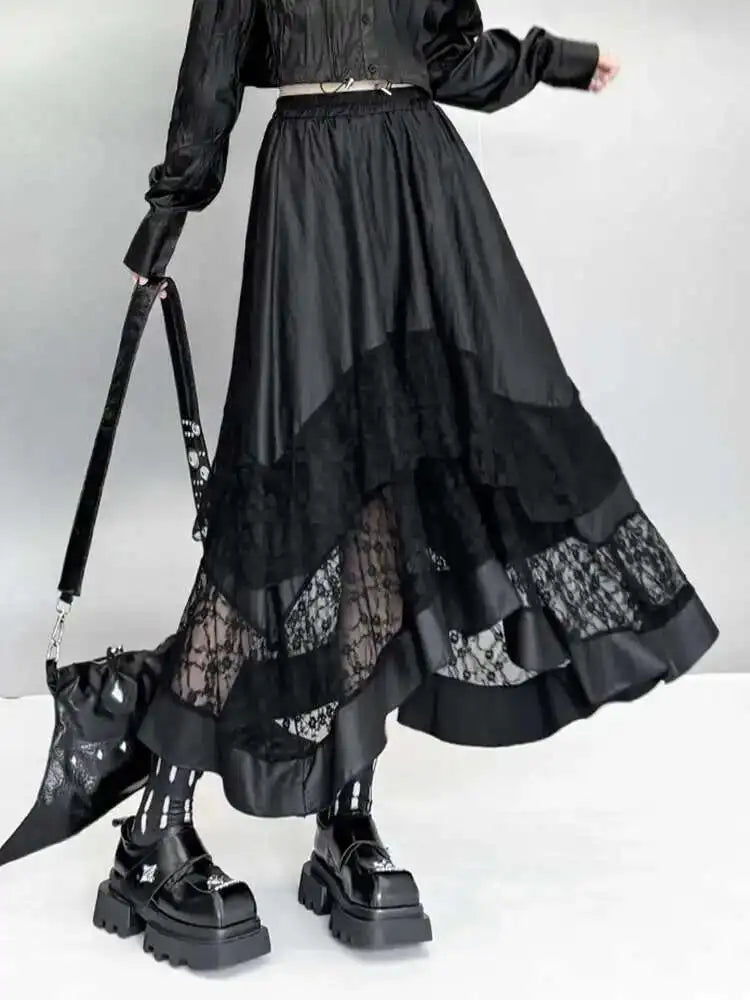 High Elastic Waist Black Pu Leather Lace Hem Casual Half-body Skirt Women Fashion Tide New Spring Autumn 2025 1DH7283