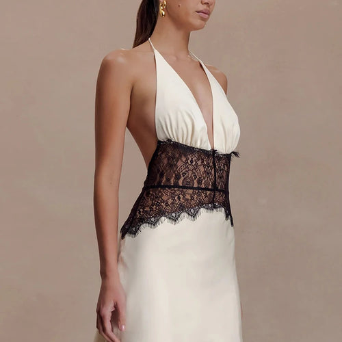 Load image into Gallery viewer, Satin Lace Patchwork Sleeveless Dress Women Elegant Halter V Neck Backless A-line Bodycon Mini Dresses Sexy Partywear
