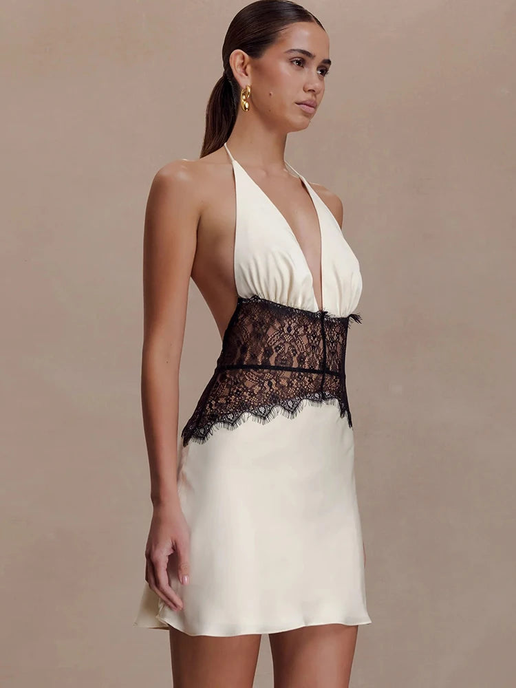 Satin Lace Patchwork Sleeveless Dress Women Elegant Halter V Neck Backless A-line Bodycon Mini Dresses Sexy Partywear