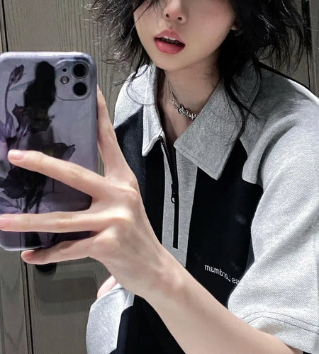 Streetwear BF Tshirts Women 2024 Ropa Mujer Contrast Color Short Sleeve Tees Oversized Tops Casual Fashion Zipper Y2k T Shirts