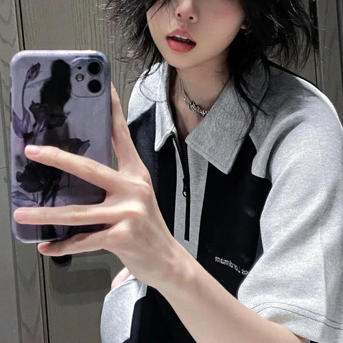 Load image into Gallery viewer, Streetwear BF Tshirts Women 2024 Ropa Mujer Contrast Color Short Sleeve Tees Oversized Tops Casual Fashion Zipper Y2k T Shirts
