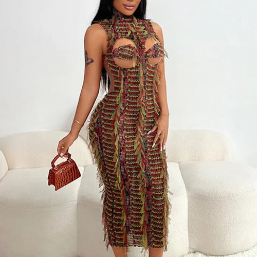 Load image into Gallery viewer, Sexy Sleeveless Hollow Out Bodycon Long Dress For Women 2025 New Women High Neck Street Fashion High Waist Slim Vestidos
