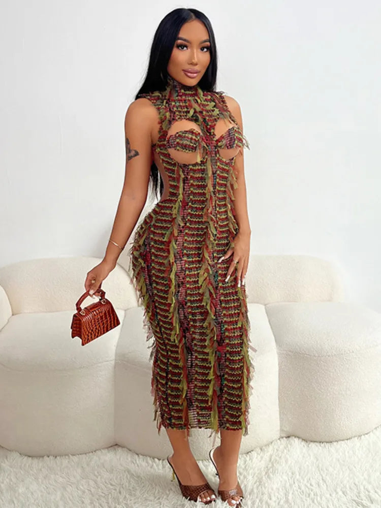 Sexy Sleeveless Hollow Out Bodycon Long Dress For Women 2025 New Women High Neck Street Fashion High Waist Slim Vestidos