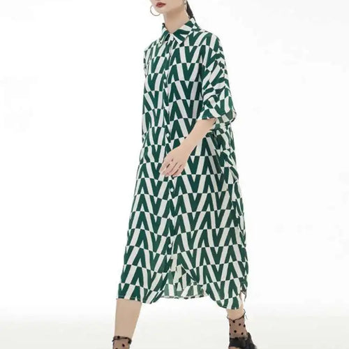 Load image into Gallery viewer, Women Black Pattern Printed Big Size Long Shirt Dress New Lapel Half Sleeve Loose Fit Fashion Spring Summer 2025 1DE9944
