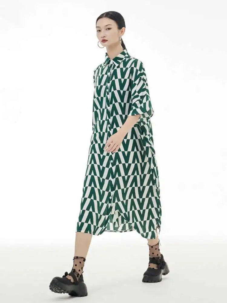 Women Black Pattern Printed Big Size Long Shirt Dress New Lapel Half Sleeve Loose Fit Fashion Spring Summer 2025 1DE9944