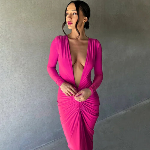 Load image into Gallery viewer, Deep V Neck Ruched Maxi Dress Women Gown Autumn New Long Sleeve Backless Bodycon Sexy Party Evening Dress Vestidos
