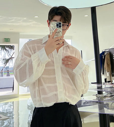 Summer Male Long Sleeve Shirts Trend Fashionable Niche Hollow Design Single Breasted Sunscreen Solid Color Shirt 9W1544