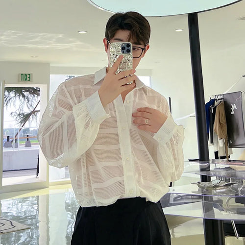 Load image into Gallery viewer, Summer Male Long Sleeve Shirts Trend Fashionable Niche Hollow Design Single Breasted Sunscreen Solid Color Shirt 9W1544
