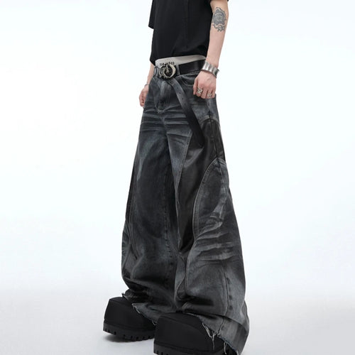 Load image into Gallery viewer, Niche Deign Male Denim Pants PU Leather Patchwork Worn-out Vintage Bottom Straight Wide Leg Male Jeans Summer 24Y155
