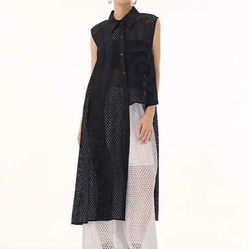 Load image into Gallery viewer, Women White Hollow Out Big Size Long Elegant Shirt Dress New Lapel Sleeveless Fashion Tide Spring Autumn 2025 1DH9424
