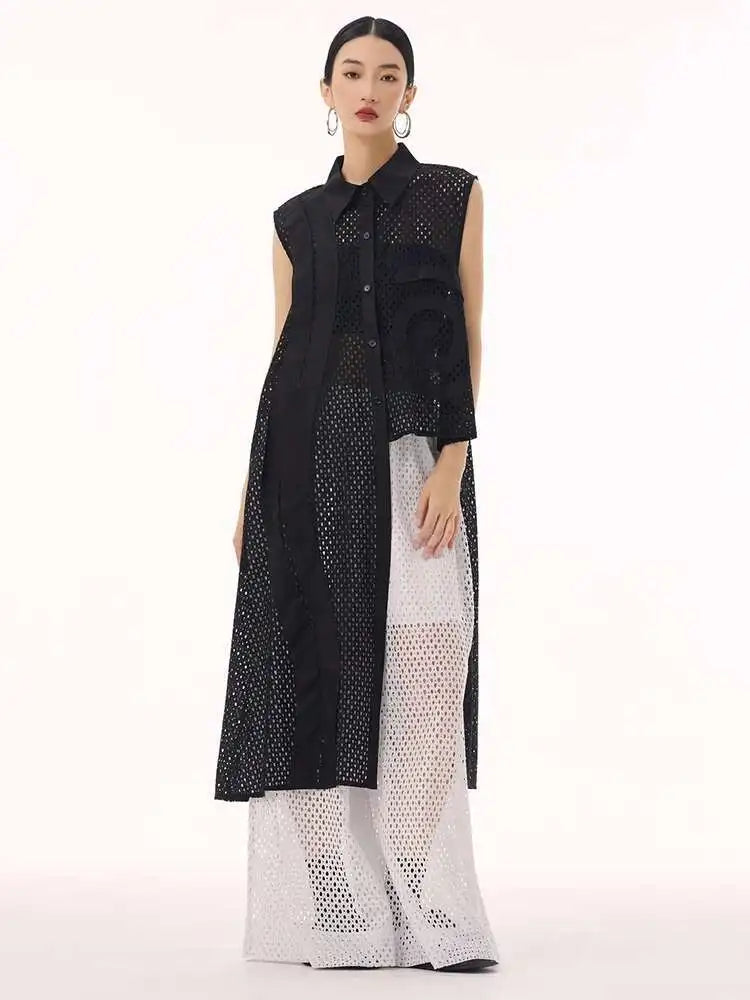 Women White Hollow Out Big Size Long Elegant Shirt Dress New Lapel Sleeveless Fashion Tide Spring Autumn 2025 1DH9424