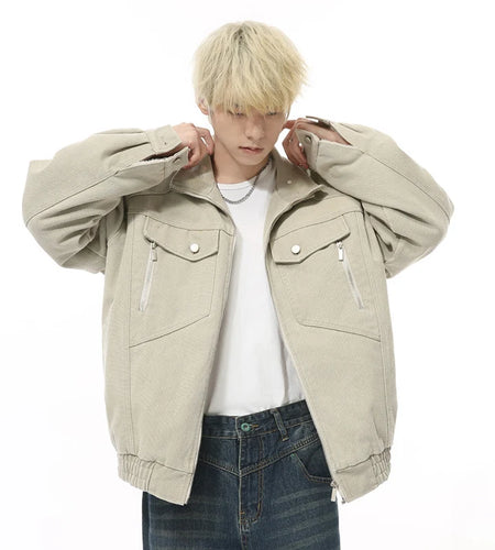 Korean Style Men's Jackets Plush Turn-down Collar Solid Color Casual Zipper Patchwork Short Male Simple Cloth Autumn 9C8968