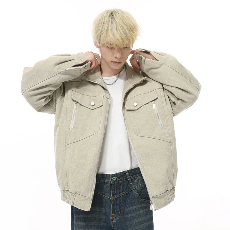 Korean Style Men's Jackets Plush Turn-down Collar Solid Color Casual Zipper Patchwork Short Male Simple Cloth Autumn 9C8968